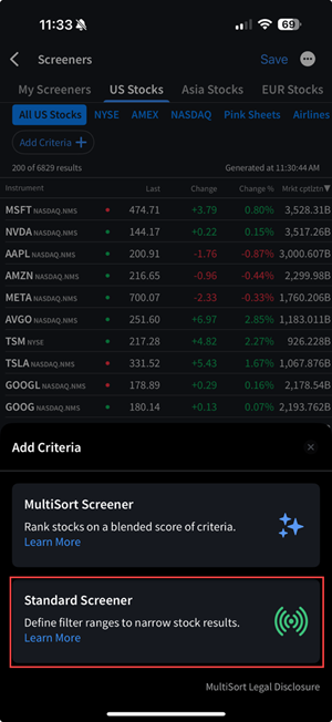 The standard screener on the iPhone